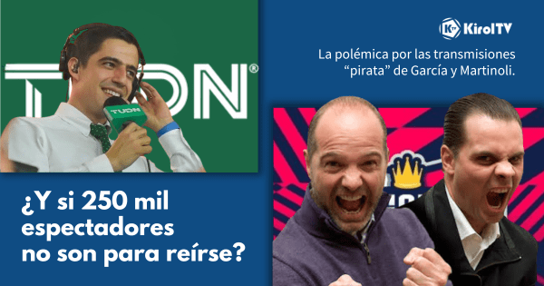Montaje con Andrés Vaca (TUDN) a la izquierda y Christian Martinoli junto a Luis García a la derecha. Texto: ‘¿Y si 250 mil espectadores no son para reírse?’ y ‘La polémica por las transmisiones pirata de García y Martinoli’. Imagen para artículo de opinión de KirolTV.